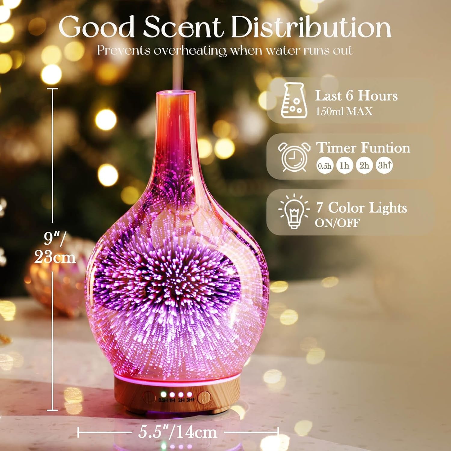 Rose Gold Essential Oil Diffuser 3D Glass Aromatherapy Ultrasonic Humidifier, Waterless Auto-Off, Timer Setting, BPA Free, Air Refresh for Home Hotel Yoga Leisure SPA Gift 100Ml