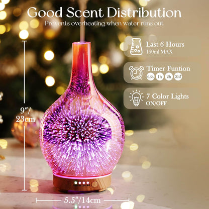 Rose Gold Essential Oil Diffuser 3D Glass Aromatherapy Ultrasonic Humidifier, Waterless Auto-Off, Timer Setting, BPA Free, Air Refresh for Home Hotel Yoga Leisure SPA Gift 100Ml