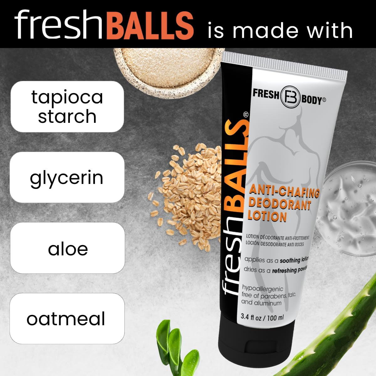 Fresh BALLS Lotion (4 Pack) | Anti-Chafing Men'S Soothing Cream to Powder Balls Deodorant and Hygiene for Groin Area, 3.4 Fl Oz