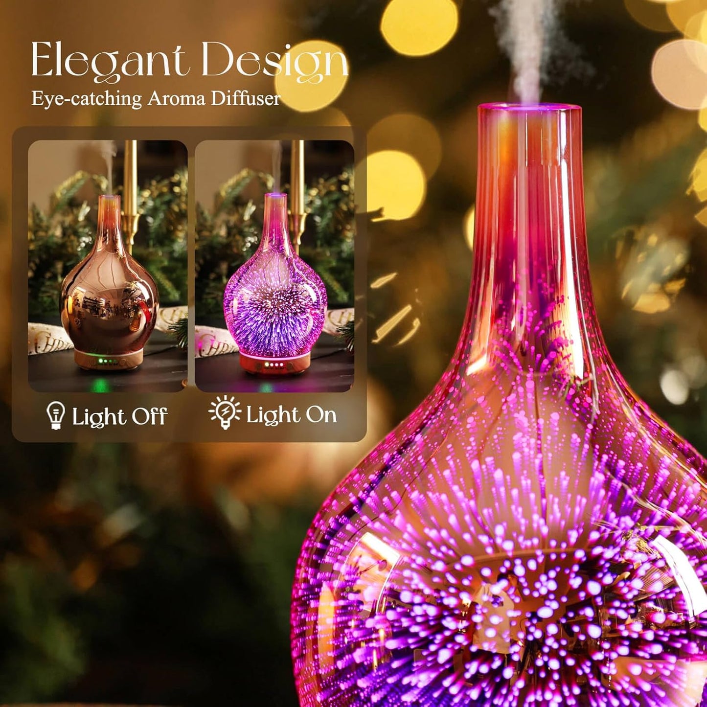 Rose Gold Essential Oil Diffuser 3D Glass Aromatherapy Ultrasonic Humidifier, Waterless Auto-Off, Timer Setting, BPA Free, Air Refresh for Home Hotel Yoga Leisure SPA Gift 100Ml